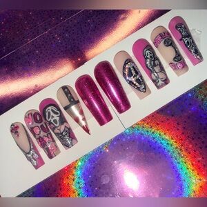 She’s killing it!!! Pink and Black Ghostface Girl Nail  (Large Long Set)